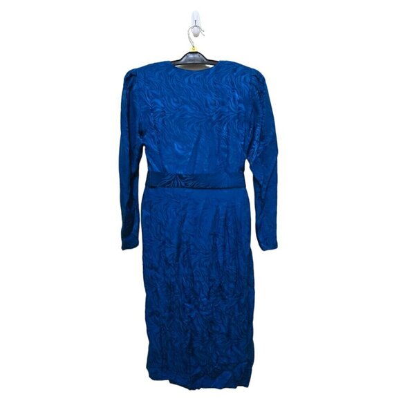 Adrianna Papell Vintage 80s Blue Print Pleated Silk Belted Midi Dress Sz 6 - Picture 4 of 9